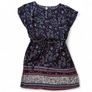 BLL New York Navy Blue Paisley Print Flutter Sleeve Tie Dress Boho Women Medium